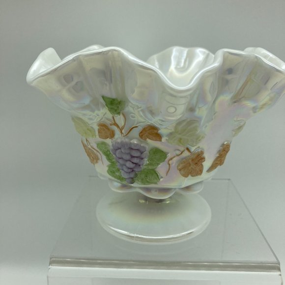 VTG Vintage Westmorland Iridescent Painted Fruit Pedestal Dish Candy Bowl Ruffle - Picture 4 of 6
